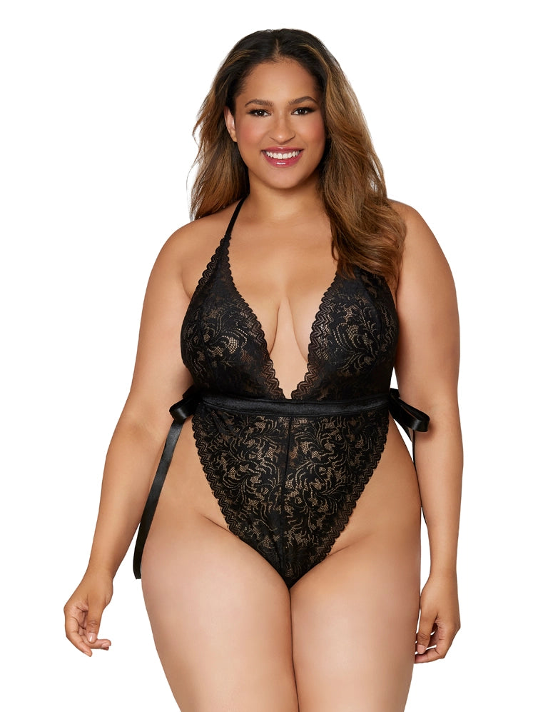 Bow-tied Plunging Teddy FLORAL LACE & SATIN BODYSUIT