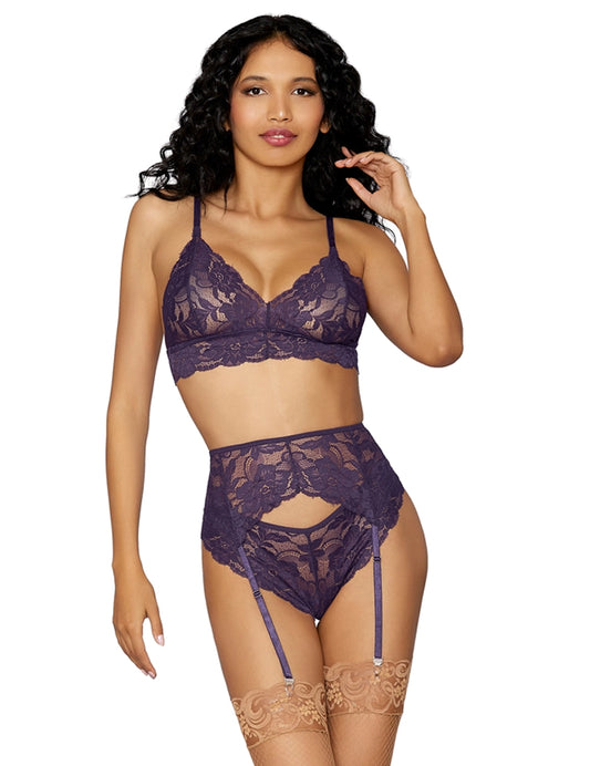 Lace Lingerie Trio - Indigo BRALETTE & PANTY WITH GARTER BELT